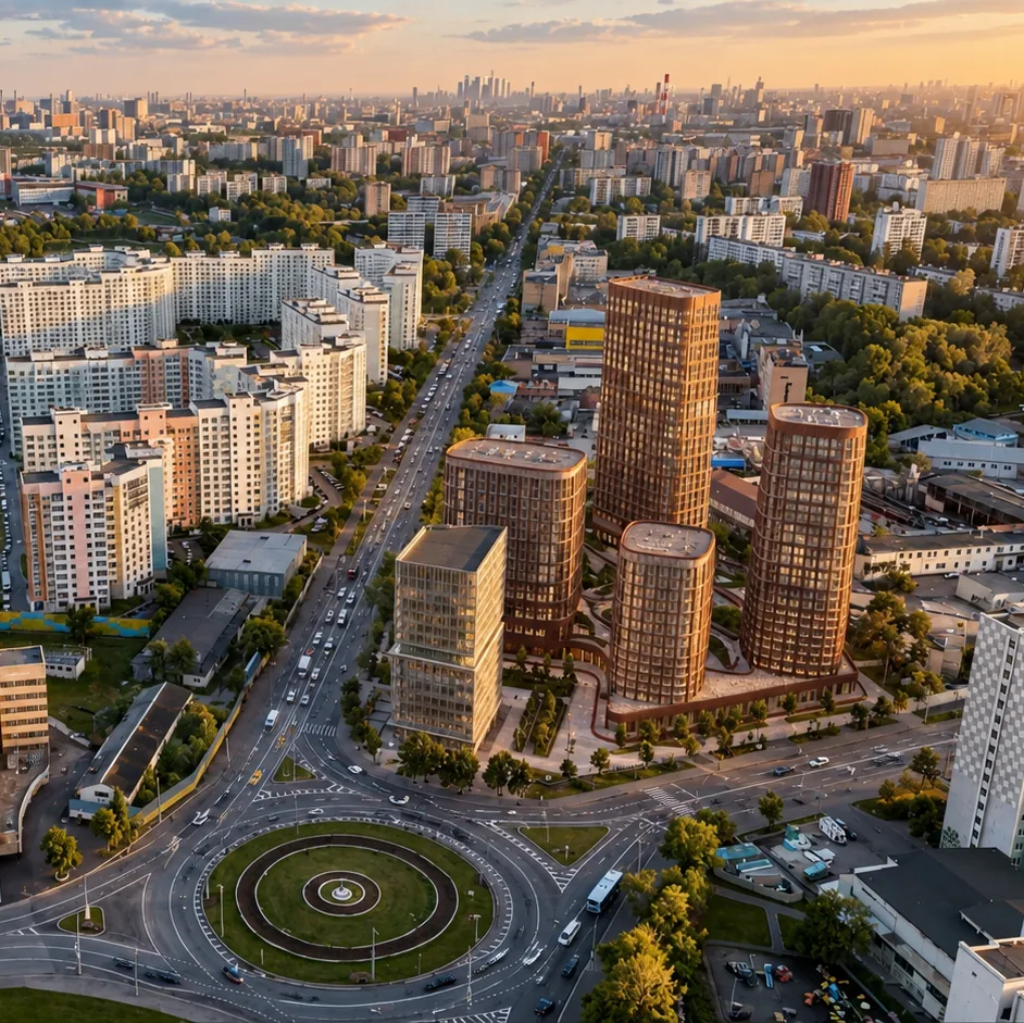 Вид сверху на жилые кварталы, проспект с круговой развязкой и группу башен с медными фасадами